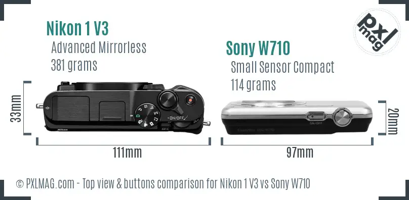 Nikon 1 V3 vs Sony W710 top view buttons comparison