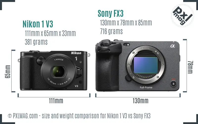 Nikon 1 V3 vs Sony FX3 size comparison