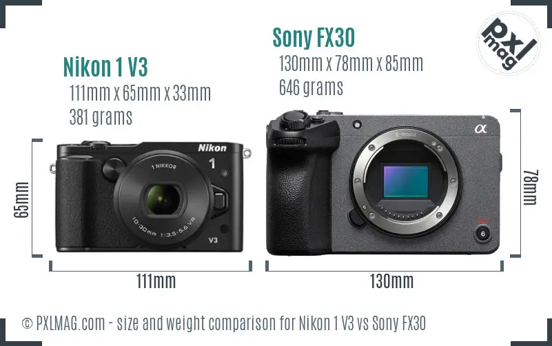 Nikon 1 V3 vs Sony FX30 size comparison