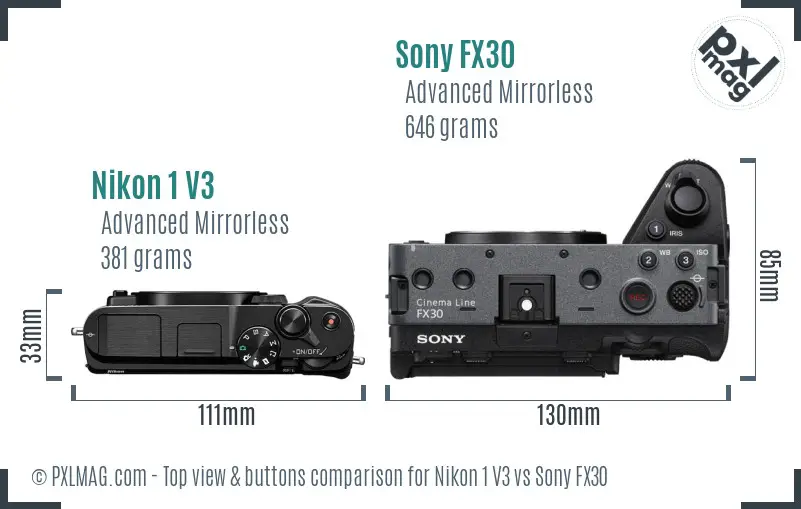 Nikon 1 V3 vs Sony FX30 top view buttons comparison