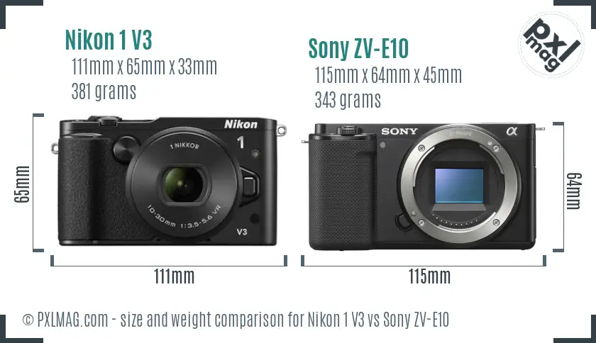 Nikon 1 V3 vs Sony ZV-E10 size comparison