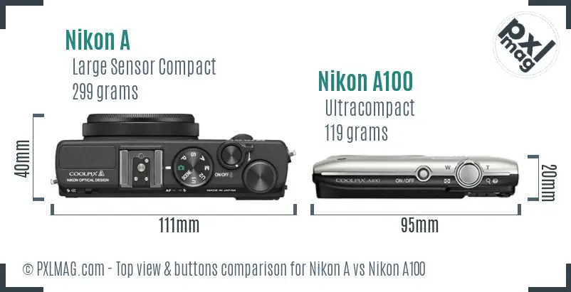 Nikon A vs Nikon A100 top view buttons comparison