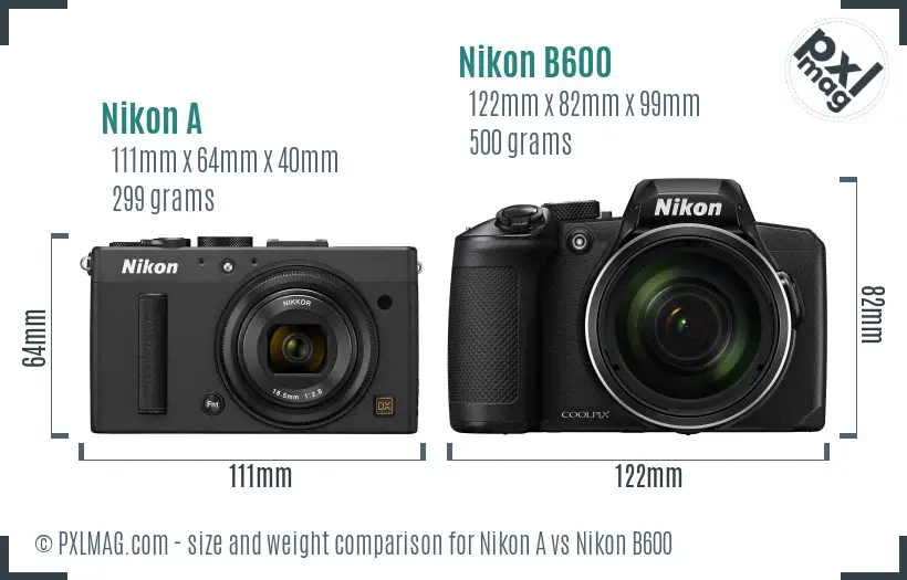 Nikon A vs Nikon B600 size comparison