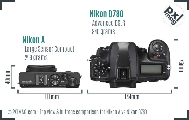 Nikon A vs Nikon D780 top view buttons comparison