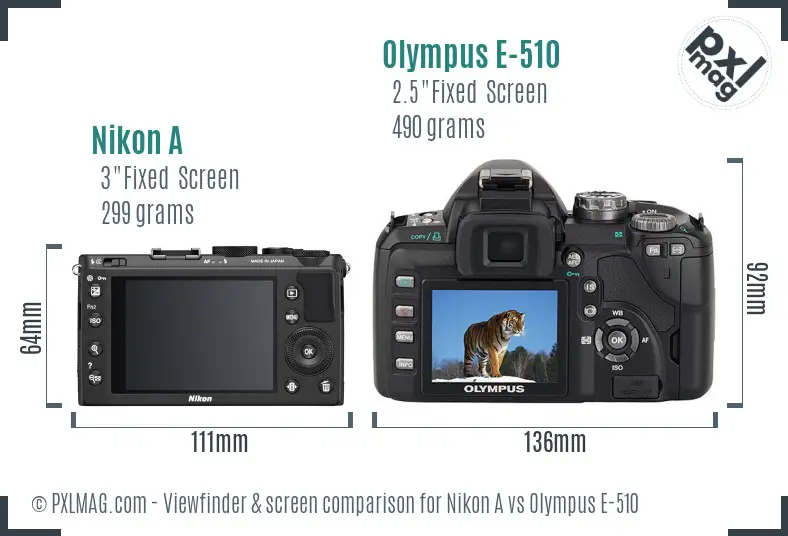 Nikon A vs Olympus E-510 Screen and Viewfinder comparison