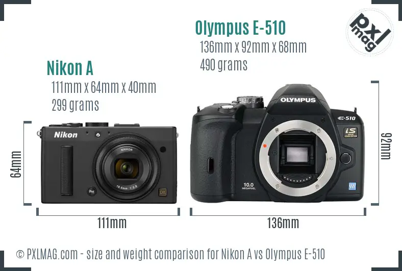 Nikon A vs Olympus E-510 size comparison