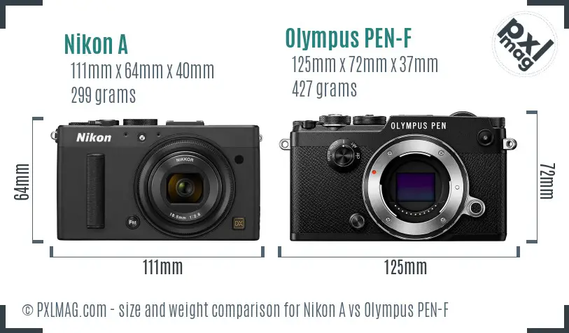 Nikon A vs Olympus PEN-F size comparison