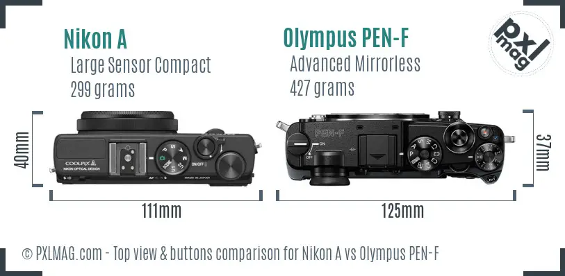 Nikon A vs Olympus PEN-F top view buttons comparison