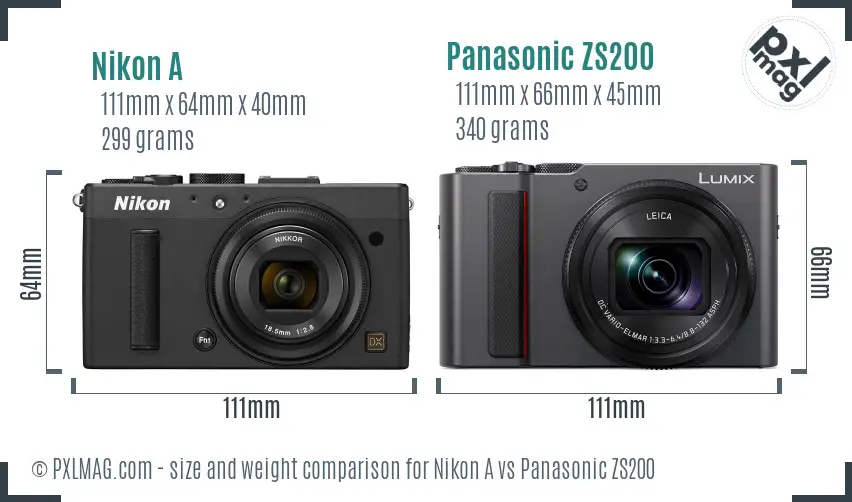 Nikon A vs Panasonic ZS200 size comparison