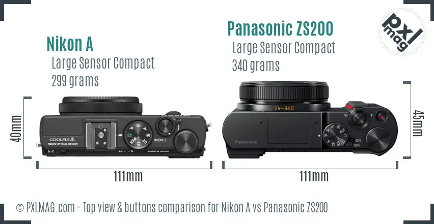 Nikon A vs Panasonic ZS200 top view buttons comparison