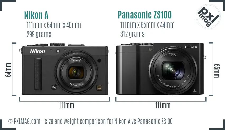 Nikon A vs Panasonic ZS100 size comparison