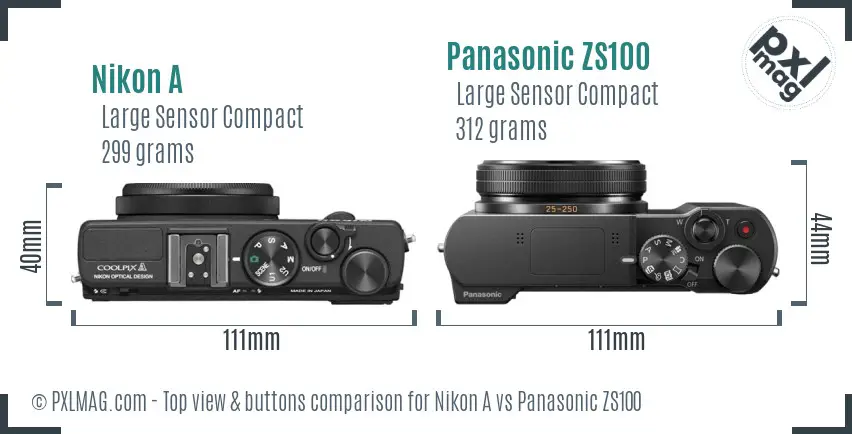 Nikon A vs Panasonic ZS100 top view buttons comparison