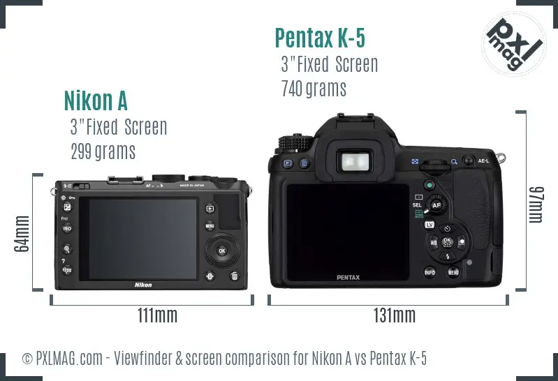 Nikon A vs Pentax K-5 Screen and Viewfinder comparison