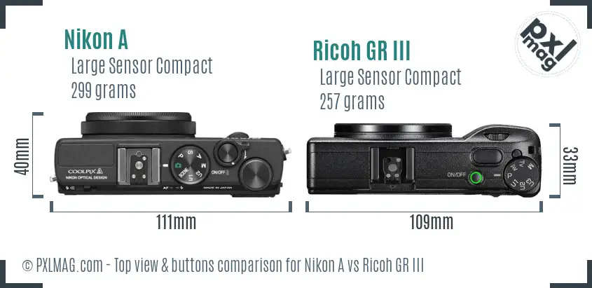 Nikon A vs Ricoh GR III top view buttons comparison