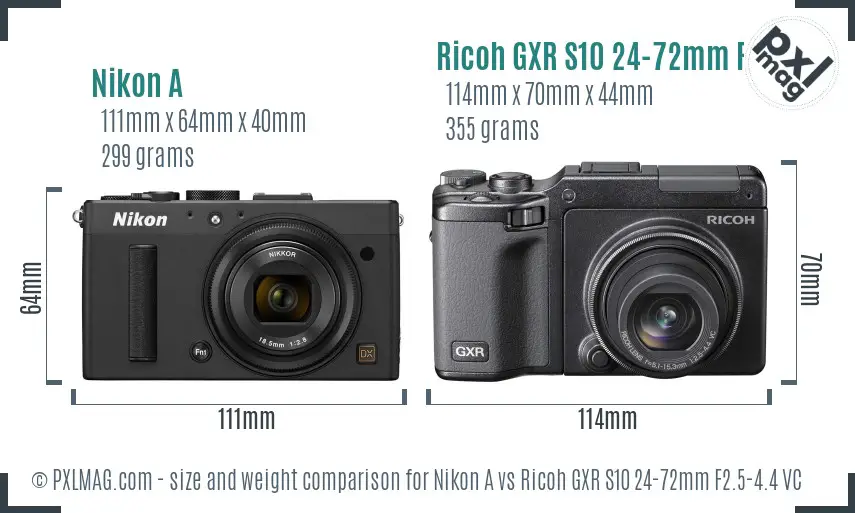Nikon A vs Ricoh GXR S10 24-72mm F2.5-4.4 VC size comparison