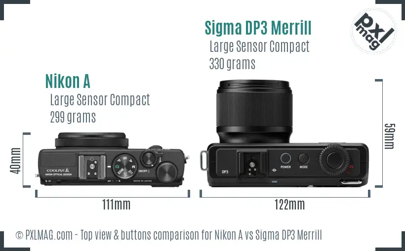 Nikon A vs Sigma DP3 Merrill top view buttons comparison