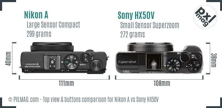 Nikon A vs Sony HX50V top view buttons comparison