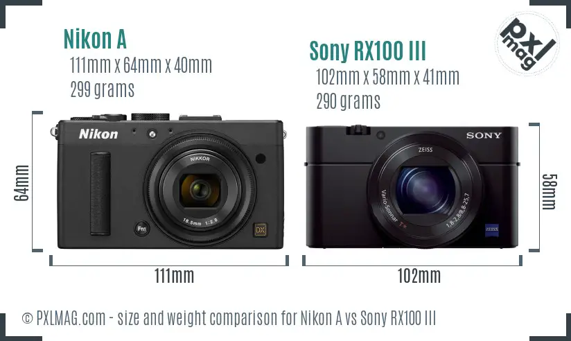 Nikon A vs Sony RX100 III size comparison