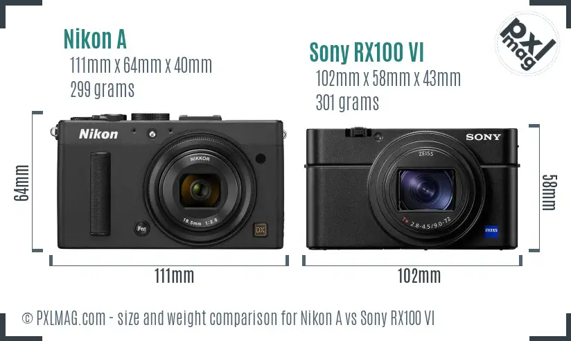Nikon A vs Sony RX100 VI size comparison