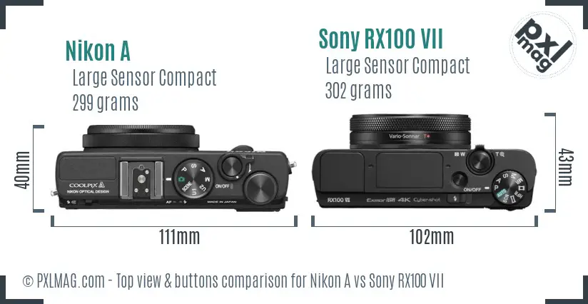Nikon A vs Sony RX100 VII top view buttons comparison