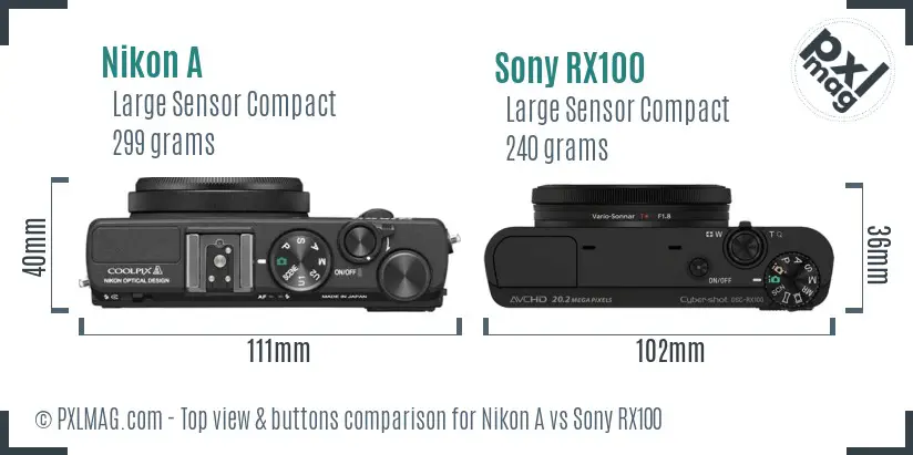 Nikon A vs Sony RX100 top view buttons comparison