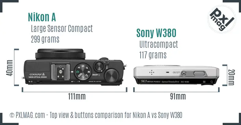 Nikon A vs Sony W380 top view buttons comparison