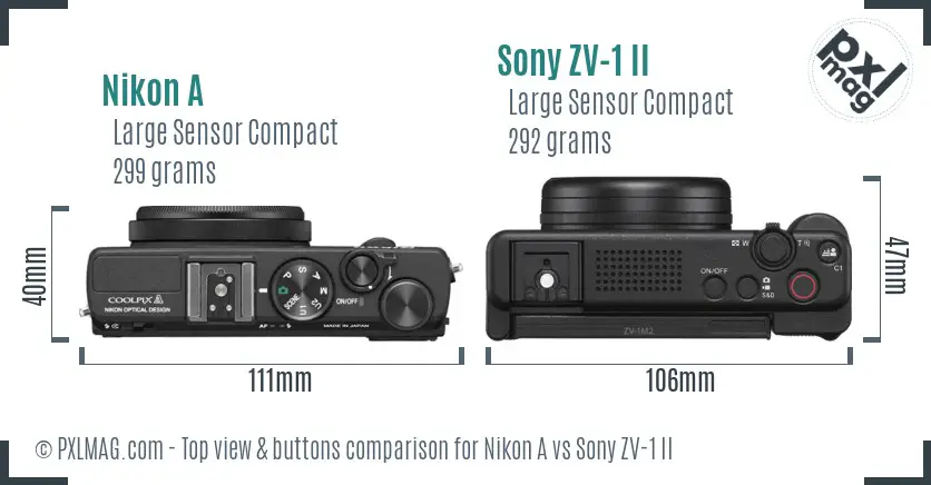 Nikon A vs Sony ZV-1 II top view buttons comparison