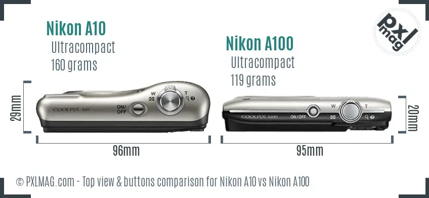 Nikon A10 vs Nikon A100 top view buttons comparison