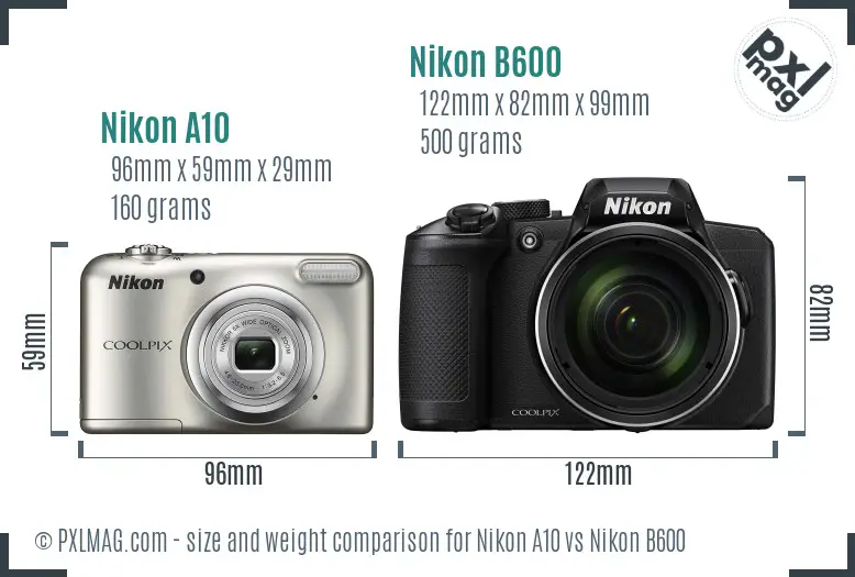 Nikon A10 vs Nikon B600 size comparison