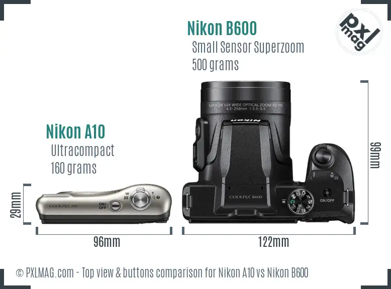 Nikon A10 vs Nikon B600 top view buttons comparison