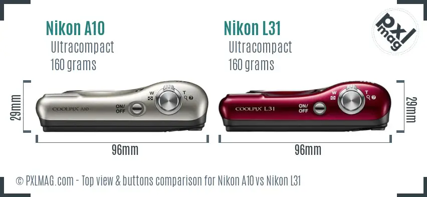 Nikon A10 vs Nikon L31 top view buttons comparison