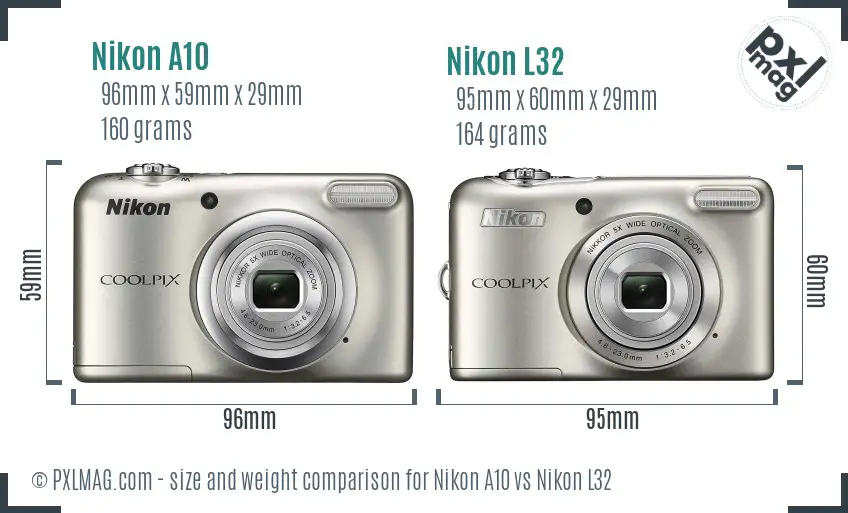 Nikon A10 vs Nikon L32 size comparison
