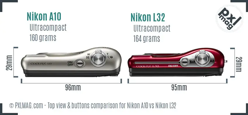 Nikon A10 vs Nikon L32 top view buttons comparison