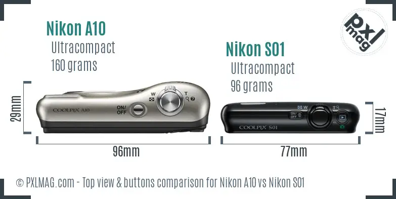 Nikon A10 vs Nikon S01 top view buttons comparison