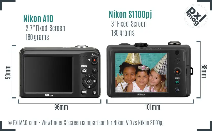 Nikon A10 vs Nikon S1100pj Screen and Viewfinder comparison