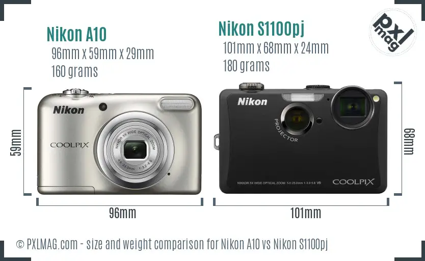Nikon A10 vs Nikon S1100pj size comparison