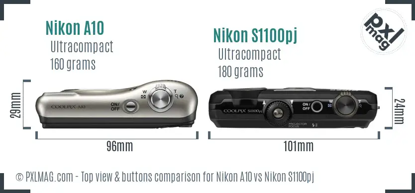 Nikon A10 vs Nikon S1100pj top view buttons comparison