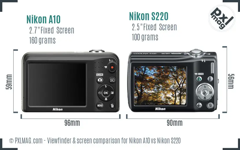 Nikon A10 vs Nikon S220 Screen and Viewfinder comparison
