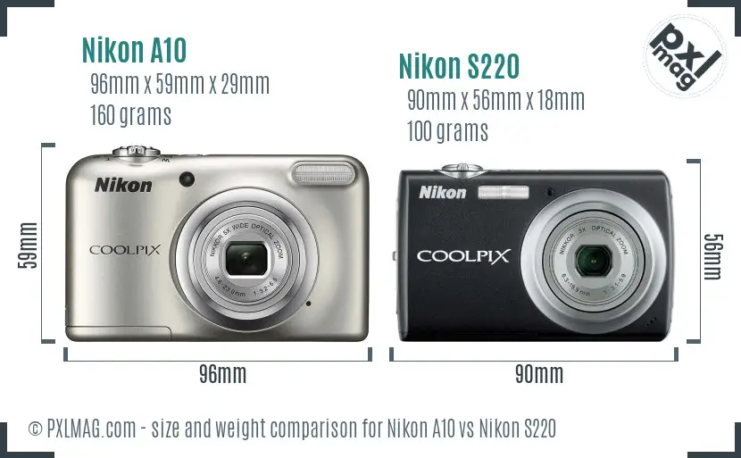 Nikon A10 vs Nikon S220 size comparison
