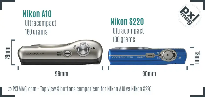 Nikon A10 vs Nikon S220 top view buttons comparison