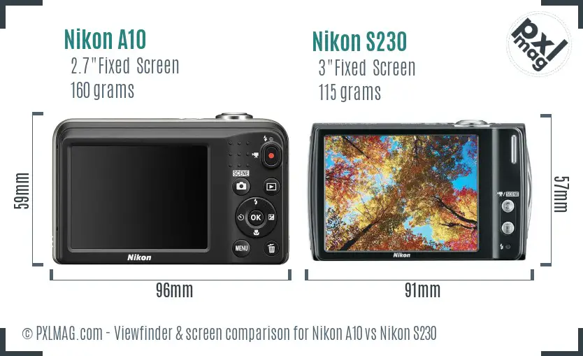 Nikon A10 vs Nikon S230 Screen and Viewfinder comparison