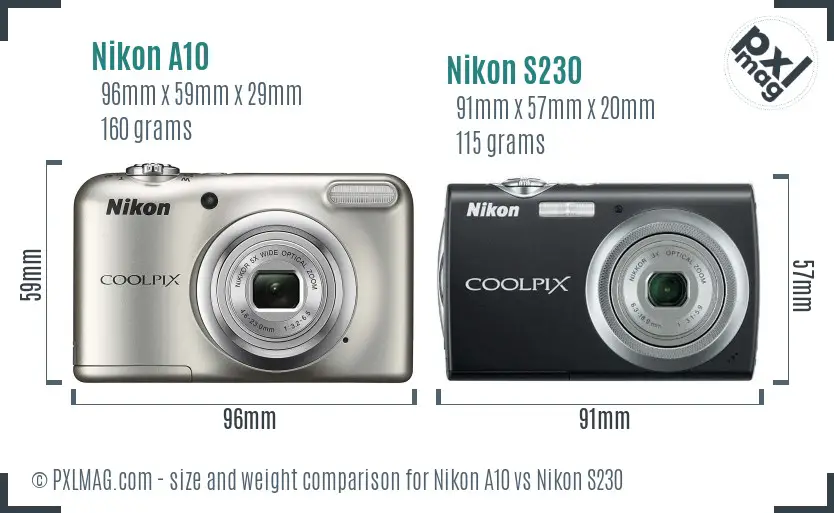 Nikon A10 vs Nikon S230 size comparison