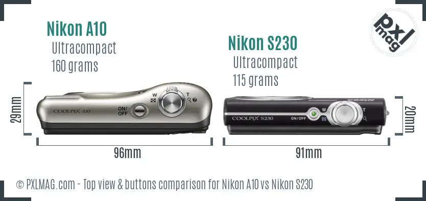 Nikon A10 vs Nikon S230 top view buttons comparison