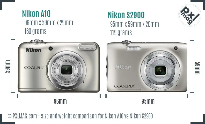 Nikon A10 vs Nikon S2900 size comparison