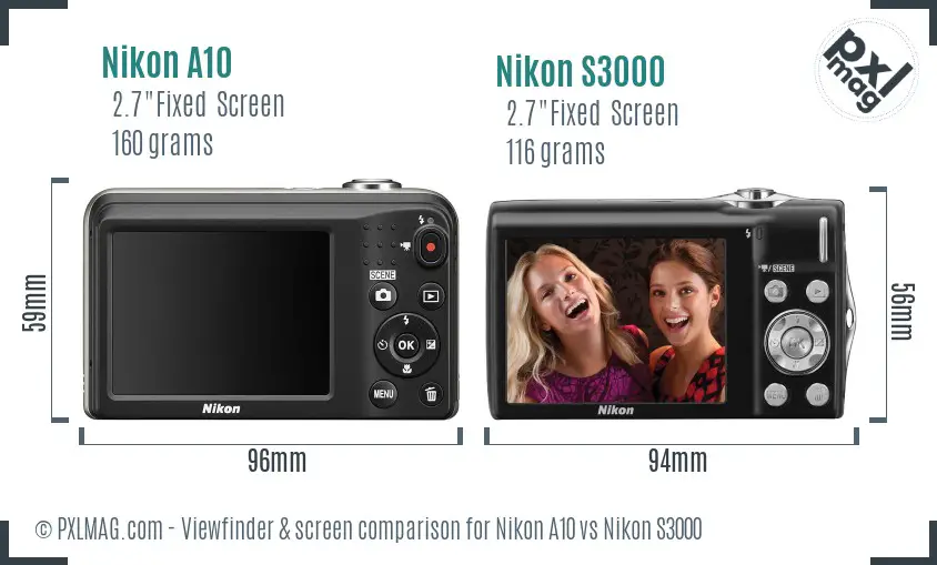 Nikon A10 vs Nikon S3000 Screen and Viewfinder comparison