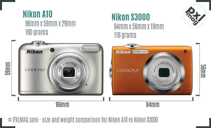 Nikon A10 vs Nikon S3000 size comparison