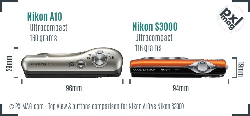 Nikon A10 vs Nikon S3000 top view buttons comparison