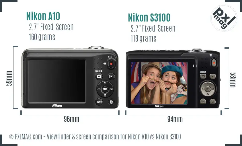 Nikon A10 vs Nikon S3100 Screen and Viewfinder comparison