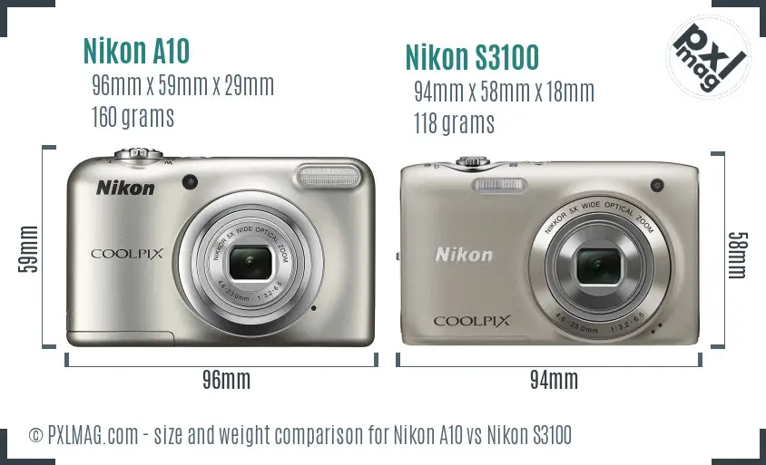 Nikon A10 vs Nikon S3100 size comparison