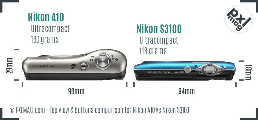 Nikon A10 vs Nikon S3100 top view buttons comparison